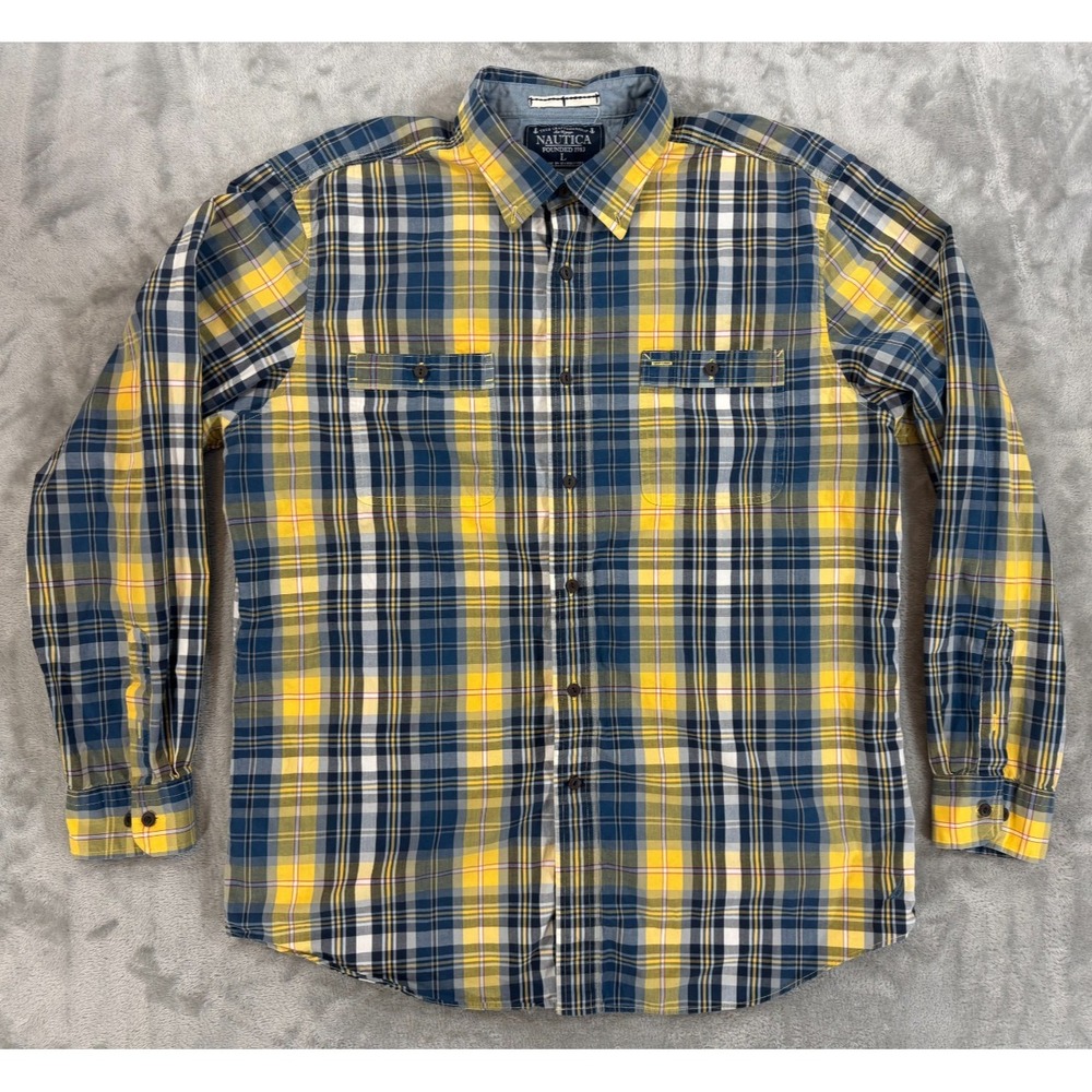 Nautica Button Down Shirt L Blue Yellow Plaid Chest Pockets Cotton‎ Sailor Chic